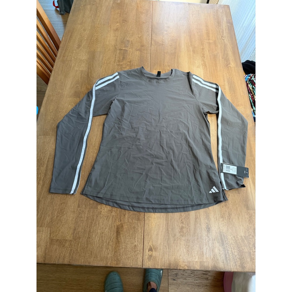 Adidas Womens 3 Stripes LS Crew Charcoal Gray Long Sleeve Shirt ADVW0109 Size M